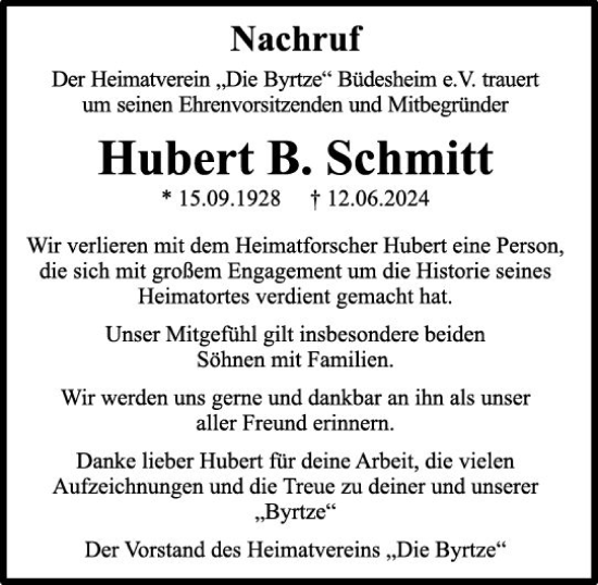 Traueranzeige von Hubert B. Schmitt von Allgemeine Zeitung Bingen/Ingelheim