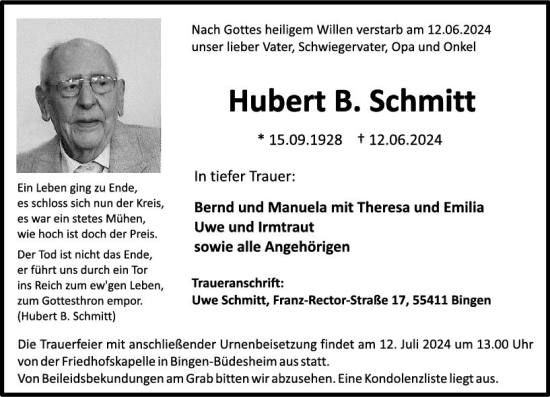 Traueranzeige von Hubert B. Schmitt von Allgemeine Zeitung Bingen/Ingelheim