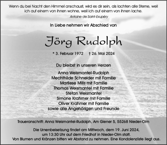 Traueranzeige von Jörg Rudolph von Allgemeine Zeitung Mainz