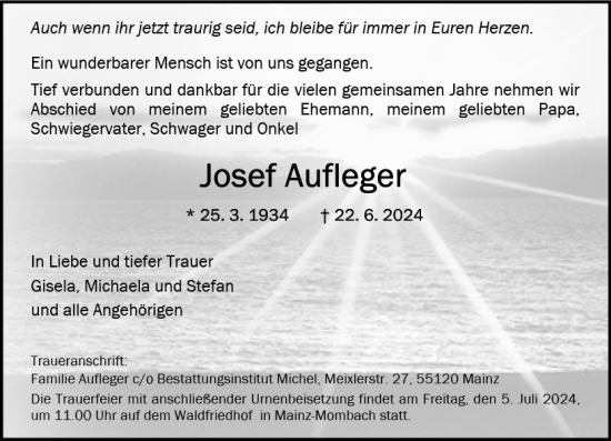 Traueranzeige von Josef Aufleger von Allgemeine Zeitung Mainz