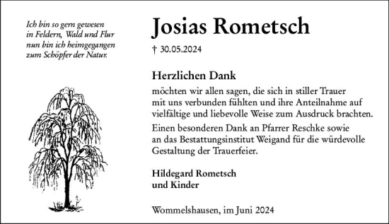 Traueranzeige von Josias Rometsch von Hinterländer Anzeiger