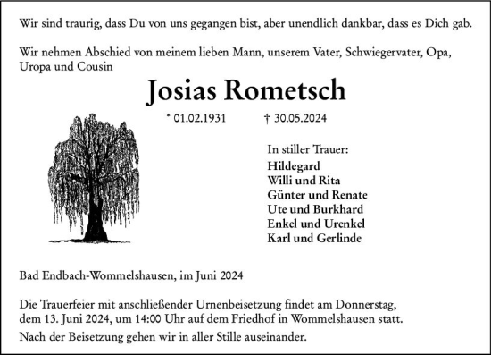 Traueranzeige von Josias Rometsch von Hinterländer Anzeiger