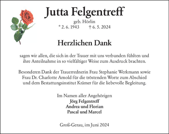 Traueranzeige von Jutta Feigentreff von Groß-Gerauer Echo