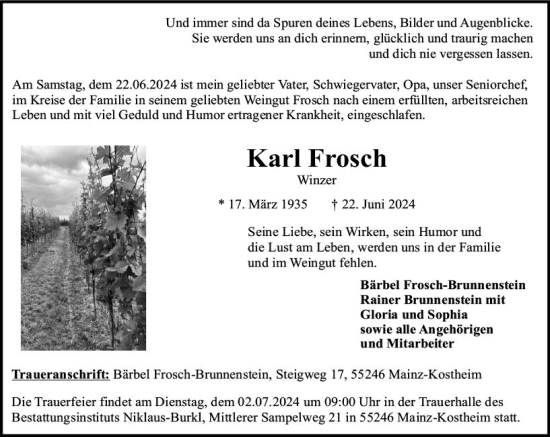 Traueranzeige von Karl Frosch von Allgemeine Zeitung Mainz
