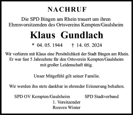 Traueranzeige von Klaus Gundlach von Binger-/Ingelheimer Wochenblatt