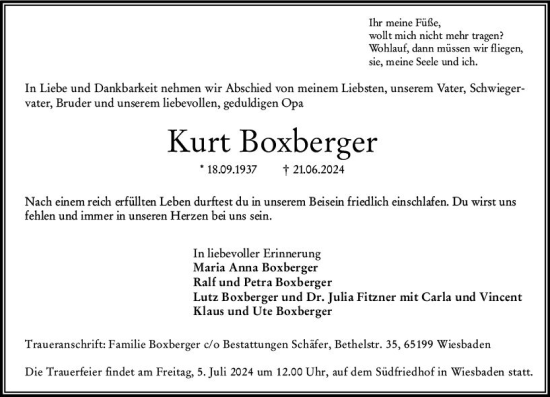 Traueranzeige von Kurt Boxberger von Wiesbadener Kurier