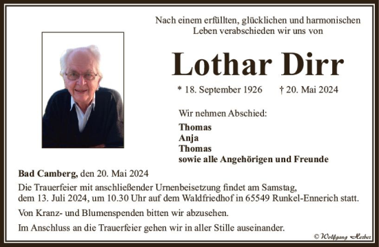 Traueranzeige von Lothar Dirr von Camberger Anzeiger