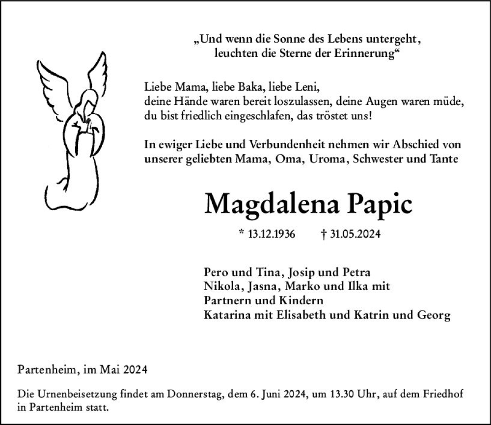 Traueranzeigen Von Magdalena Papic | Www.vrm-trauer.de