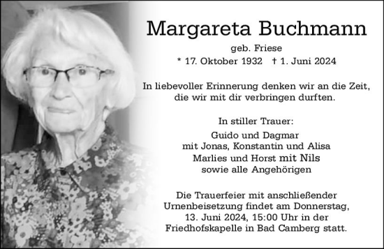 Traueranzeige von Margareta Buschmann von Camberger Anzeiger