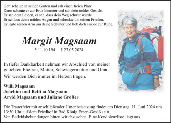 Traueranzeige von Margit Magsaam von Odenwälder Echo