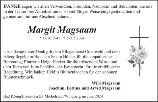 Traueranzeige von Margit Magsaam von Odenwälder Echo