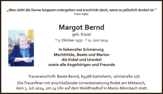 Traueranzeige von Margot Bernd von Allgemeine Zeitung Mainz