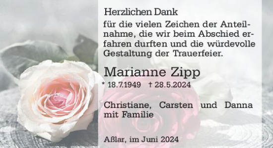 Traueranzeige von Marianne Zipp von Wetzlarer Neue Zeitung