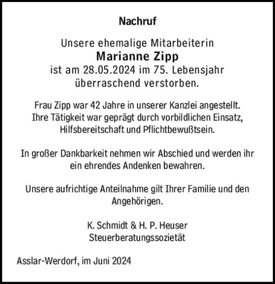 Traueranzeige von Marianne Zipp von Wetzlarer Neue Zeitung