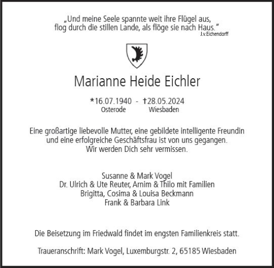 Traueranzeige von Marianne Heide Eichler von Wiesbadener Kurier