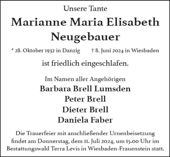 Traueranzeige von Marianne Maria Elisabeth Neugebauer von Wiesbadener Kurier