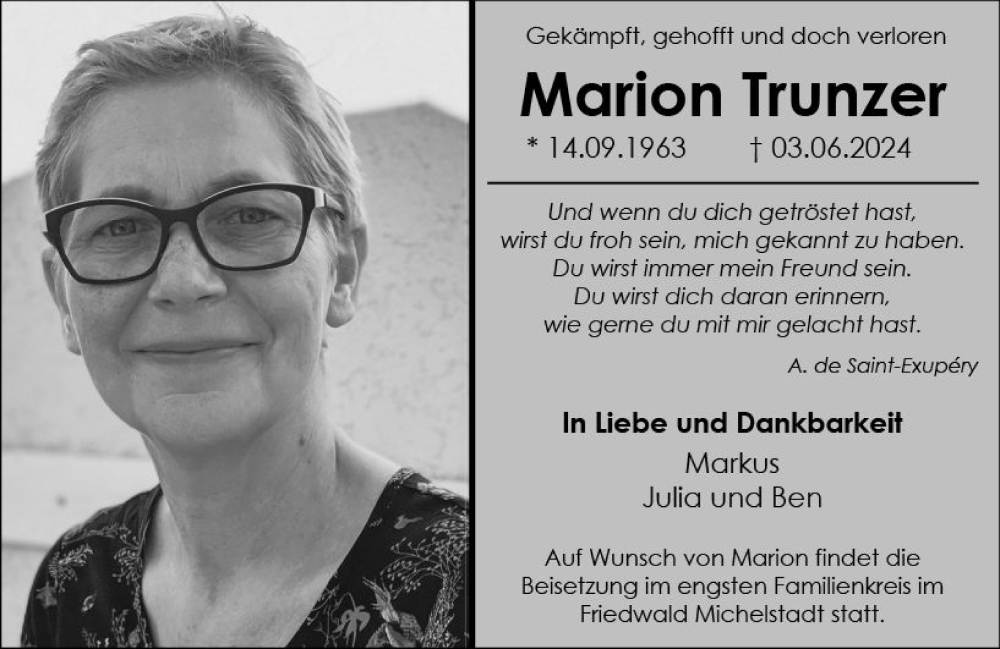  Traueranzeige für Marion Trunzer vom 08.06.2024 aus Odenwälder Echo
