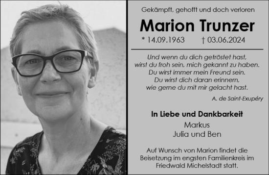 Traueranzeige von Marion Trunzer von Odenwälder Echo