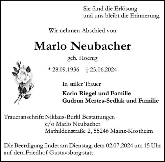 Traueranzeige von Marlo Neubacher von Allgemeine Zeitung Mainz
