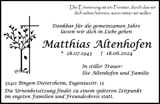 Traueranzeige von Matthias Altenhofen von Binger-/Ingelheimer Wochenblatt