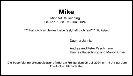 Traueranzeige von Michael Rauschning von Odenwälder Echo