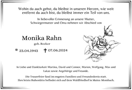 Traueranzeige von Monika Rahn von Allgemeine Zeitung Bingen/Ingelheim