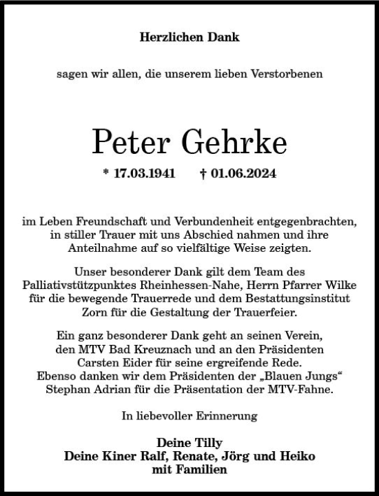 Traueranzeige von Peter Gehrke von Allgemeine Zeitung Bad Kreuznach