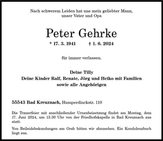 Traueranzeige von Peter Gehrke von Allgemeine Zeitung Bad Kreuznach