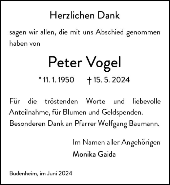 Traueranzeige von Peter Vogel von Allgemeine Zeitung Bingen/Ingelheim