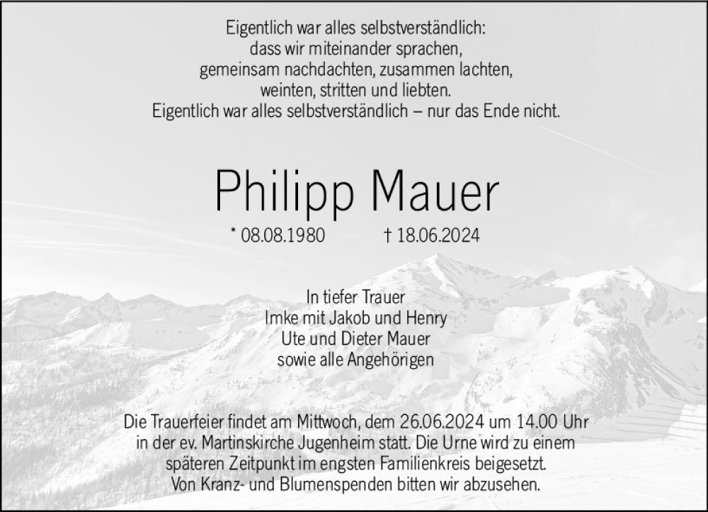  Traueranzeige für Philipp Mauer vom 22.06.2024 aus Allgemeine Zeitung Mainz