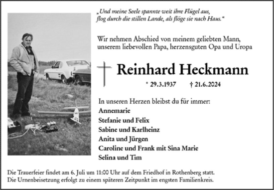 Traueranzeige von Reinhard Heckmann von Odenwälder Echo