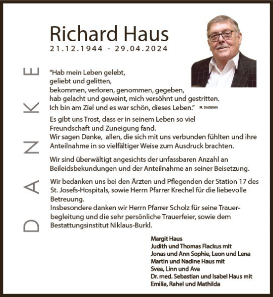Traueranzeige von Richard Haus von Allgemeine Zeitung Mainz