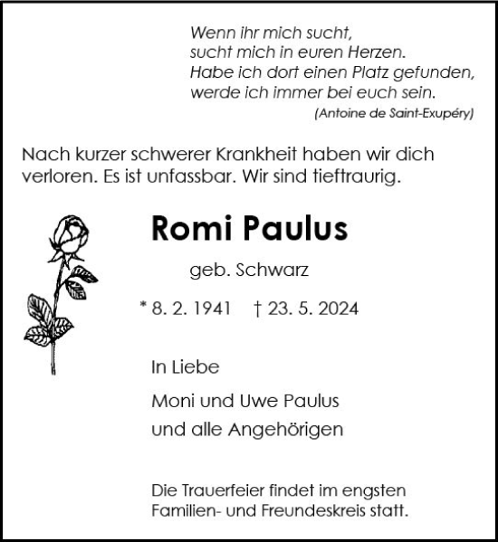 Traueranzeige von Romi Paulus von Allgemeine Zeitung Mainz