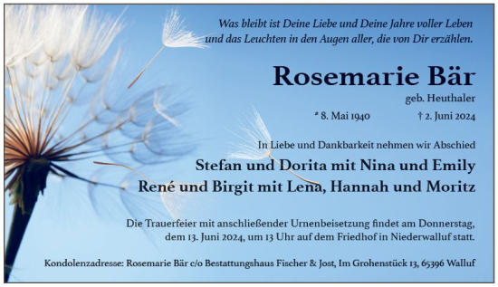 Traueranzeige von Rosemarie Bär von Wiesbadener Kurier