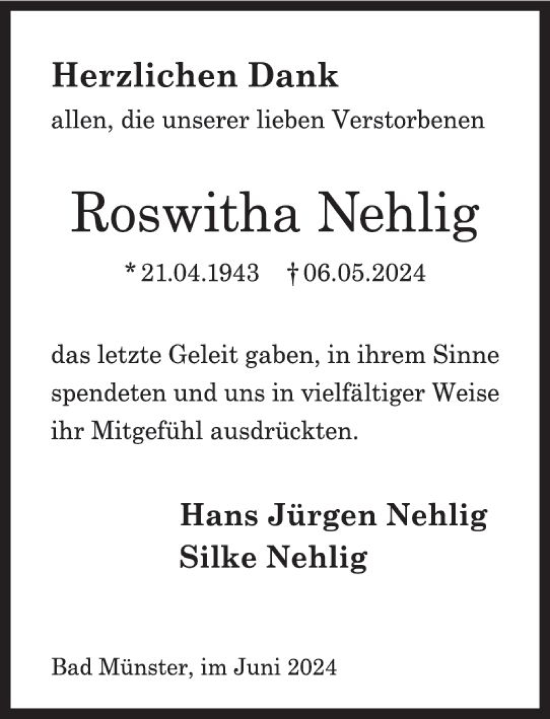 Traueranzeige von Roswitha Nehlig von Allgemeine Zeitung Bad Kreuznach