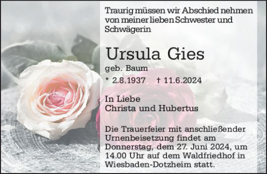 Traueranzeige von Ursula Gies von Wiesbadener Kurier