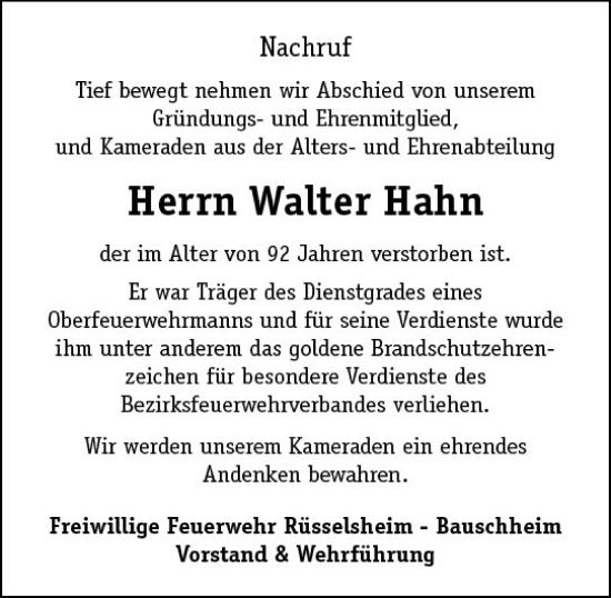 Traueranzeige von Walter Hahn von Mainspitze Wochenblatt