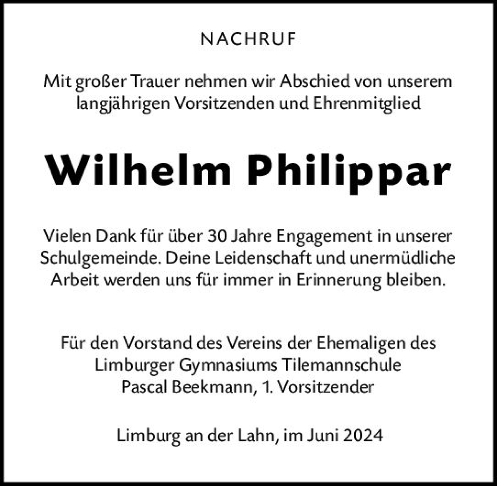  Traueranzeige für Wilhelm Philippar vom 08.06.2024 aus Nassauische Neue Presse