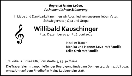 Traueranzeige von Willibald Kauschinger von Allgemeine Zeitung Mainz