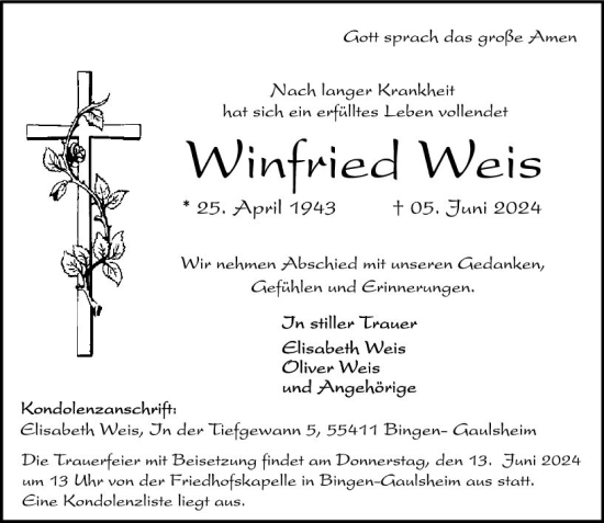 Traueranzeige von Winfried Weis von Allgemeine Zeitung Bingen/Ingelheim