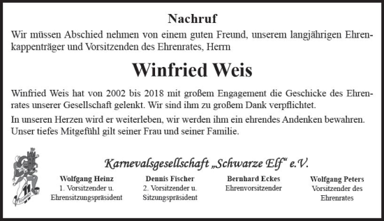 Traueranzeige von Winfried Weis von Binger-/Ingelheimer Wochenblatt