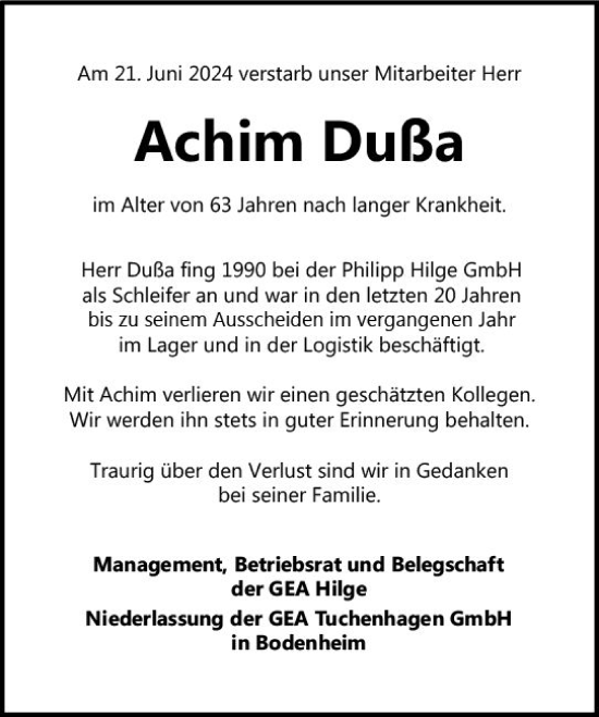 Traueranzeige von Achim Dußa von Allgemeine Zeitung Mainz