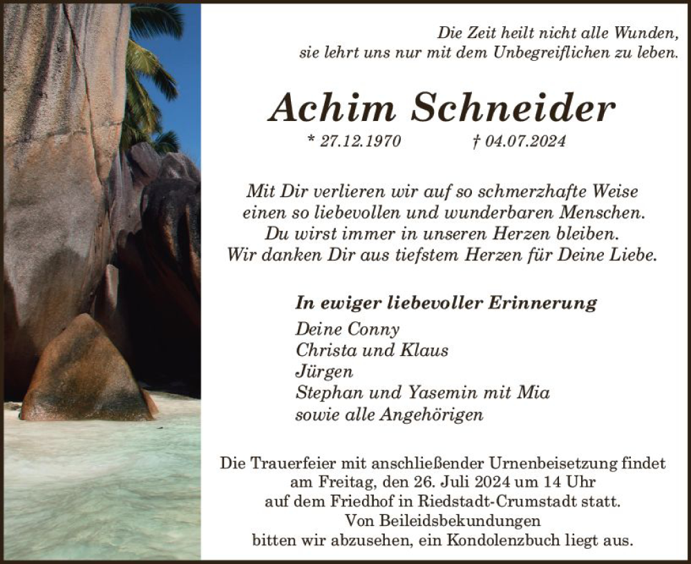  Traueranzeige für Achim Schneider vom 20.07.2024 aus Darmstädter Echo