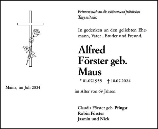 Traueranzeige von Alfred Förster von Allgemeine Zeitung Mainz