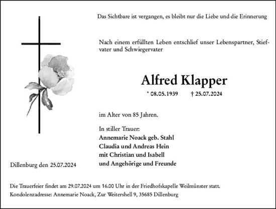 Traueranzeige von Alfred Klapper von Weilburger Tageblatt