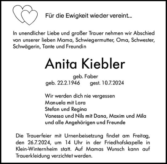Traueranzeige von Anita Kiebler von Allgemeine Zeitung Mainz