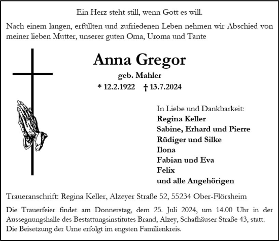 Traueranzeige von Anna Gregor von Allgemeine Zeitung Alzey
