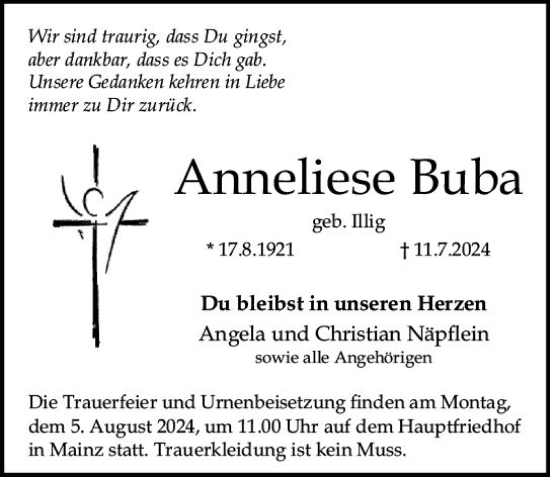 Traueranzeige von Anneliese Buba von Allgemeine Zeitung Mainz
