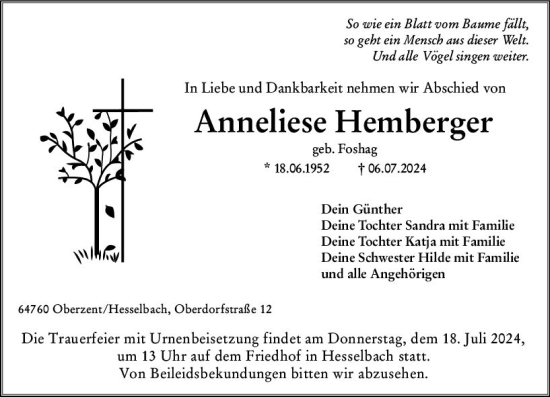 Traueranzeige von Anneliese Hemberger von Odenwälder Echo