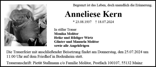 Traueranzeige von Anneliese Kern von Allgemeine Zeitung Mainz